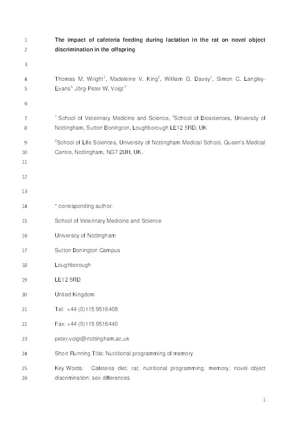 The impact of cafeteria feeding during lactation in the rat on novel object discrimination in the offspring Thumbnail
