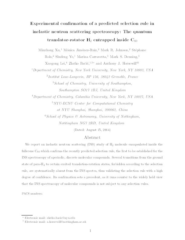 Confirming a predicted selection rule in inelastic neutron scattering spectroscopy: the quantum translator-rotator H2 entrapped inside C60 Thumbnail