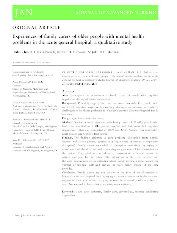 Experiences of family carers of older people with mental health problems in the acute general hospital: a qualitative study Thumbnail