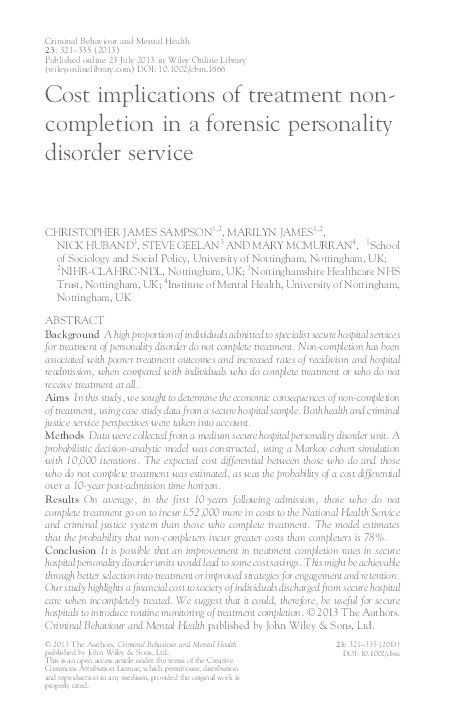 Cost implications of treatment non-completion in a forensic personality disorder service Thumbnail