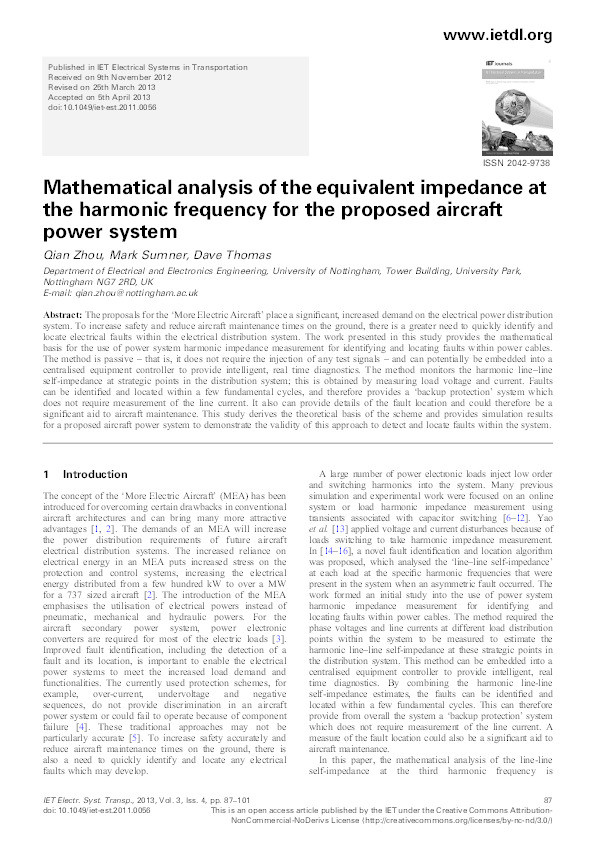 Mathematical analysis of the equivalent impedance at the harmonic frequency for the proposed aircraft power system Thumbnail