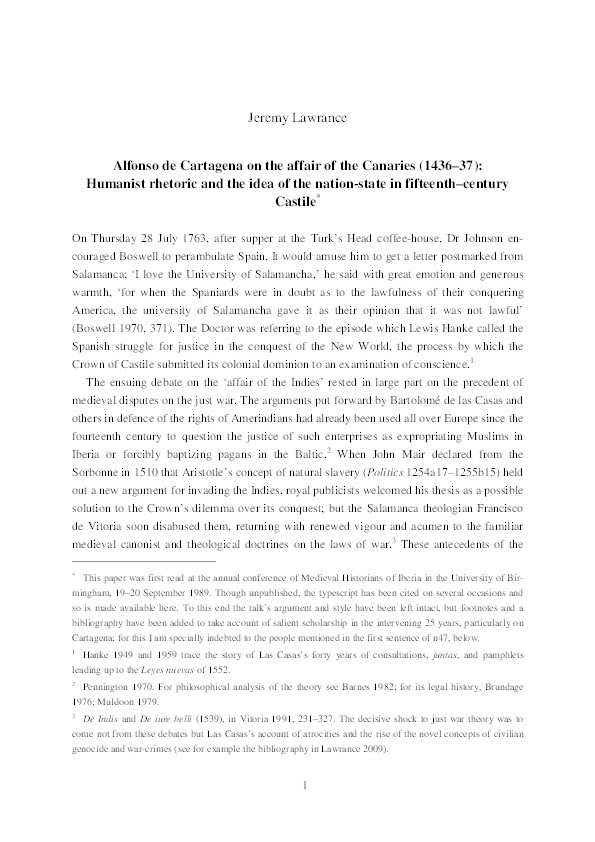 Alfonso de Cartagena on the affair of the Canaries (1436–37): humanist rhetoric and the idea of the nation-state in fifteenth–century Castile Thumbnail