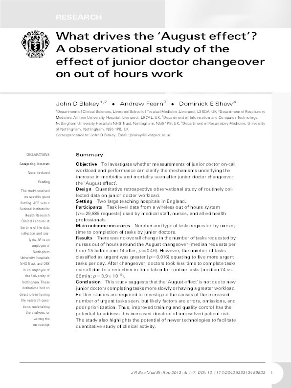 What drives the 'August effect'?: an observational study of the effect of junior doctor changeover on out of hours work Thumbnail