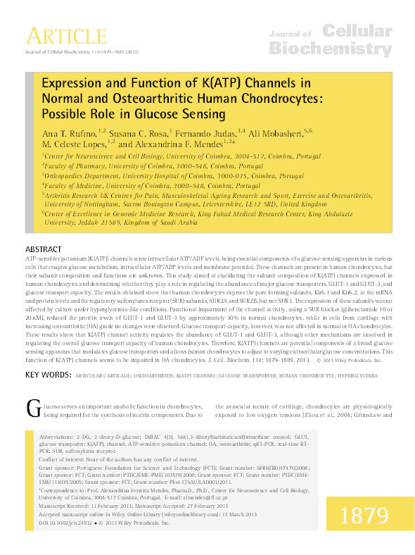 Expression and function of K(ATP) channels in normal and osteoarthritic human chondrocytes: possible role in glucose sensing Thumbnail