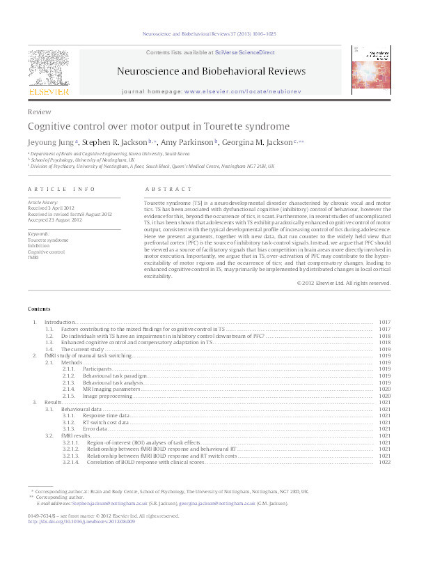 Cognitive control over motor output in Tourette syndrome Thumbnail