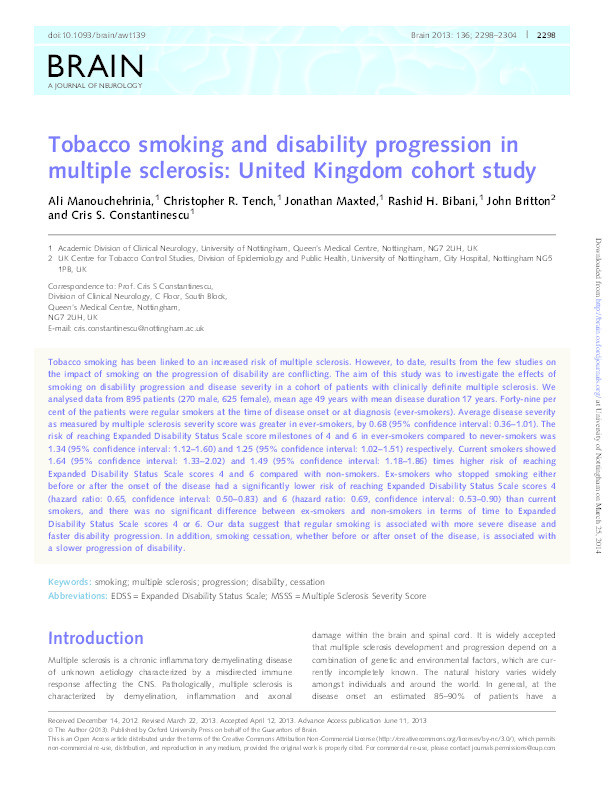 Tobacco smoking and disability progression in multiple sclerosis: United Kingdom cohort study Thumbnail