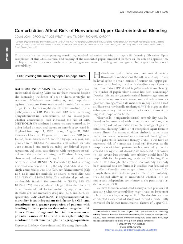 Comorbidities affect risk of nonvariceal upper gastrointestinal bleeding Thumbnail