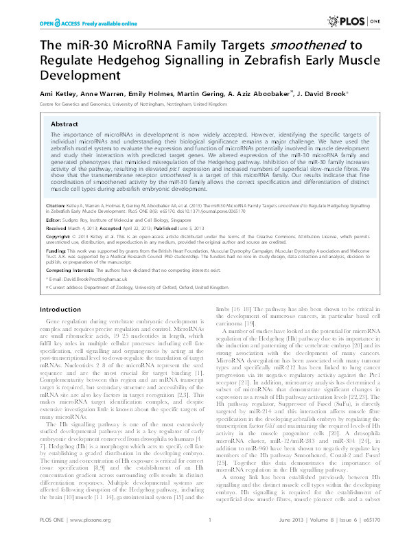 The miR-30 microRNA family targets smoothened to regulate hedgehog signalling in zebrafish early muscle development Thumbnail