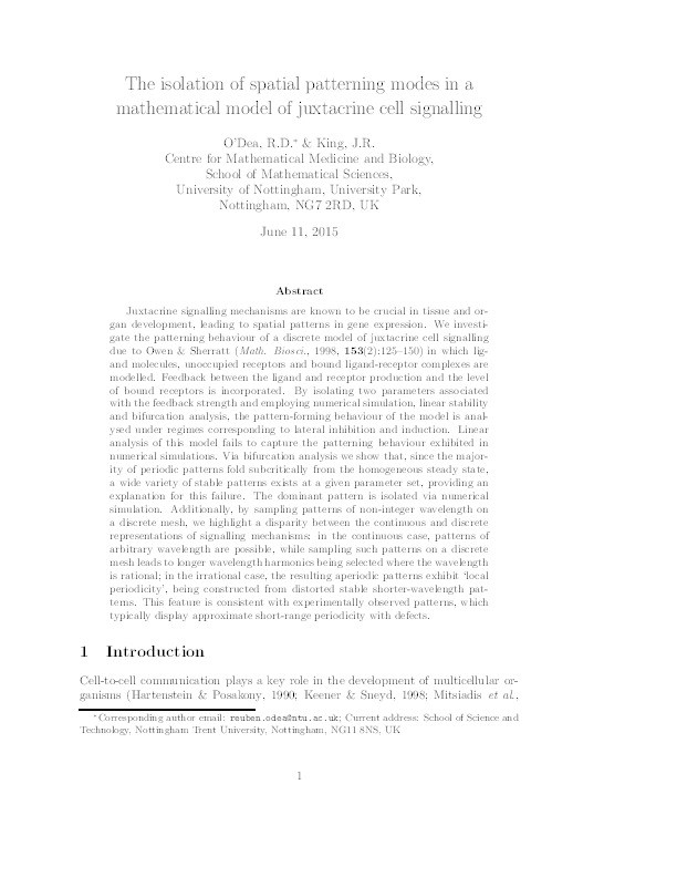 The isolation of spatial patterning modes in a mathematical model of juxtacrine cell signalling Thumbnail