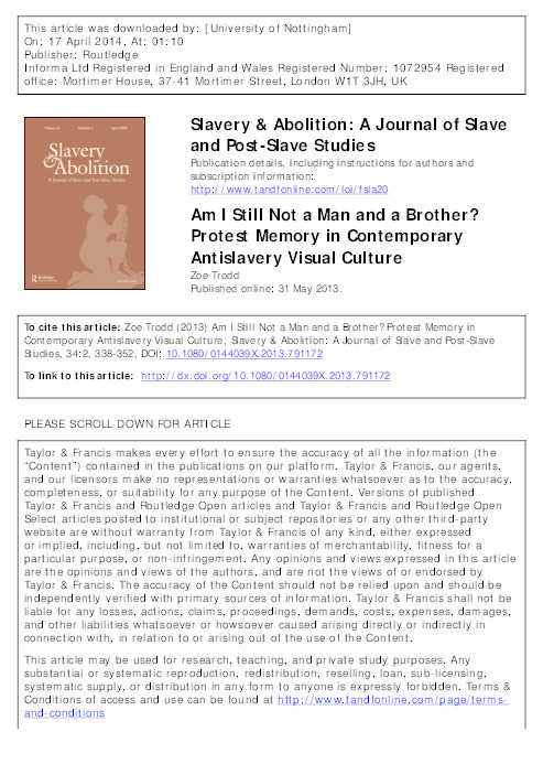 Am I still not a man and a brother?: protest memory in contemporary antislavery visual culture Thumbnail