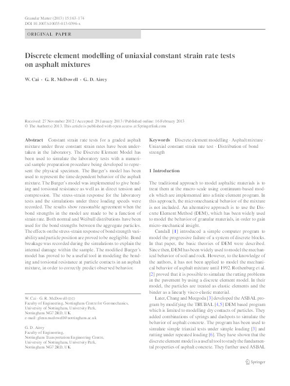 Discrete element modelling of uniaxial constant strain rate tests on asphalt mixtures Thumbnail