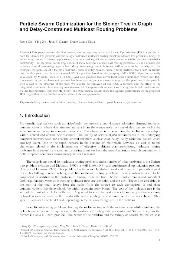 Particle swarm optimization for the Steiner tree in graph and delay-constrained multicast routing problems Thumbnail