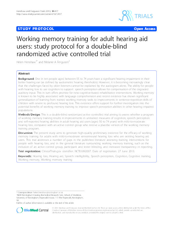 Working memory training for adult hearing aid users: study protocol for a double-blind randomized active controlled trial Thumbnail