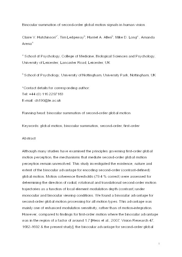 Binocular summation of second-order global motion signals in human vision Thumbnail