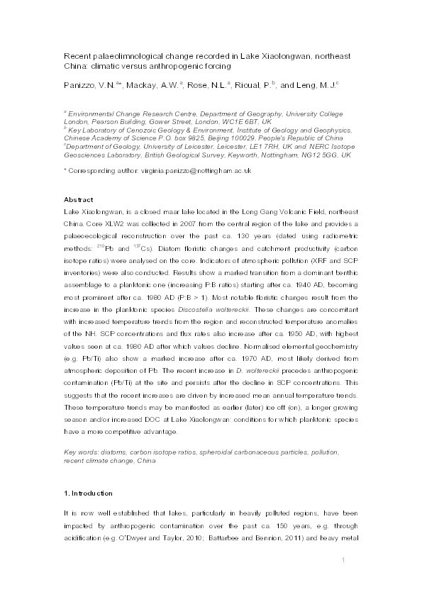 Recent palaeolimnological change recorded in Lake Xiaolongwan, northeast China: climatic versus anthropogenic forcing Thumbnail