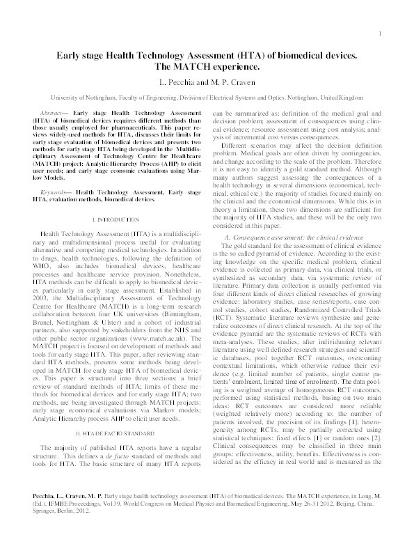 Early stage health technology assessment (HTA) of biomedical devices: the MATCH experience Thumbnail