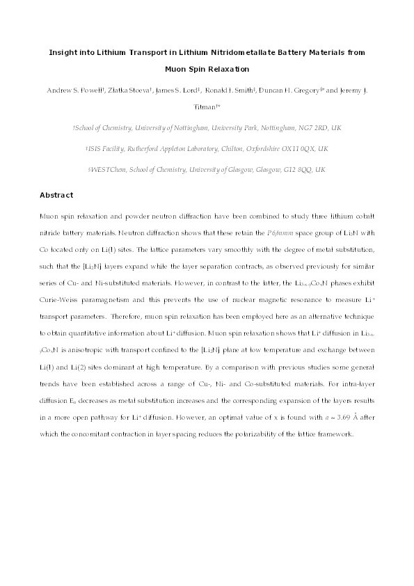 Insight into lithium transport in lithium nitridometallate battery materials from muon spin relaxation Thumbnail