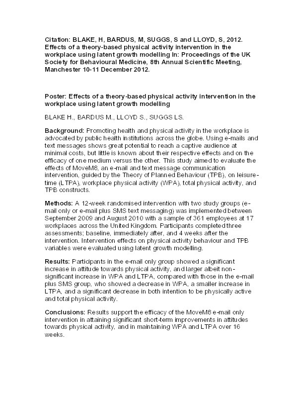 Poster: Effects of a theory-based physical activity intervention in the workplace using latent growth modelling Thumbnail