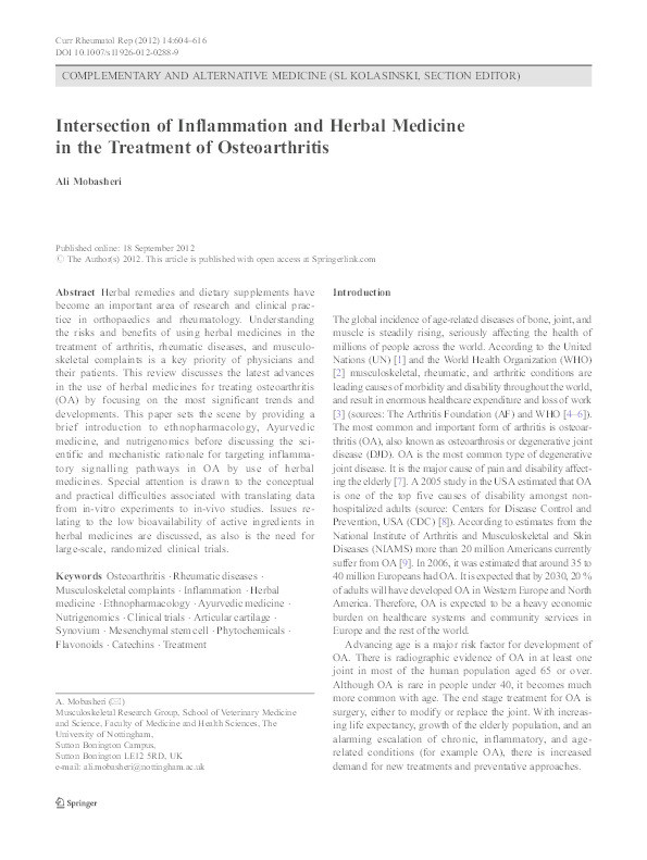 Intersection of inflammation and herbal medicine in the treatment of osteoarthritis Thumbnail