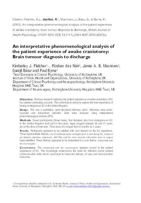 An interpretative phenomenological analysis of the patient experience of awake craniotomy: brain tumour diagnosis to discharge Thumbnail