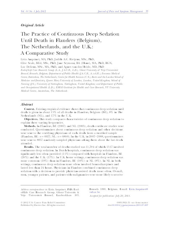 The practice of continuous deep sedation until death in Flanders (Belgium), The Netherlands, and the U.K.: a comparative study Thumbnail