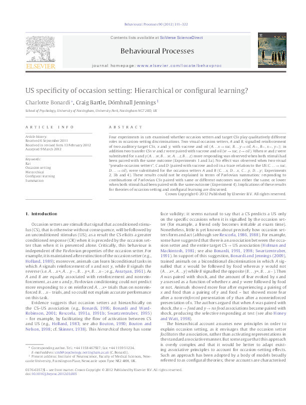 US specificity of occasion setting: hierarchical or configural learning? Thumbnail