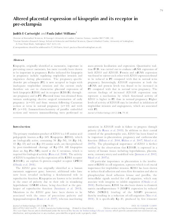 Altered placental expression of kisspeptin and its receptor in pre-eclampsia Thumbnail