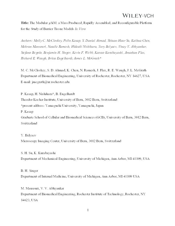 The Modular µSiM: A Mass Produced, Rapidly Assembled, and Reconfigurable Platform for the Study of Barrier Tissue Models In Vitro Thumbnail