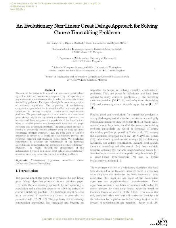 An evolutionary non-Linear great deluge approach for solving course timetabling problems Thumbnail