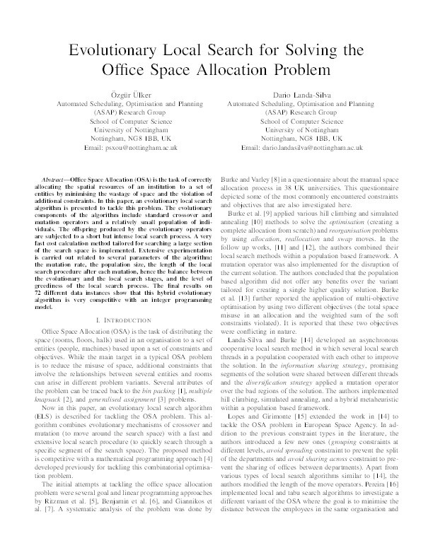 Evolutionary local search for solving the office space allocation problem Thumbnail