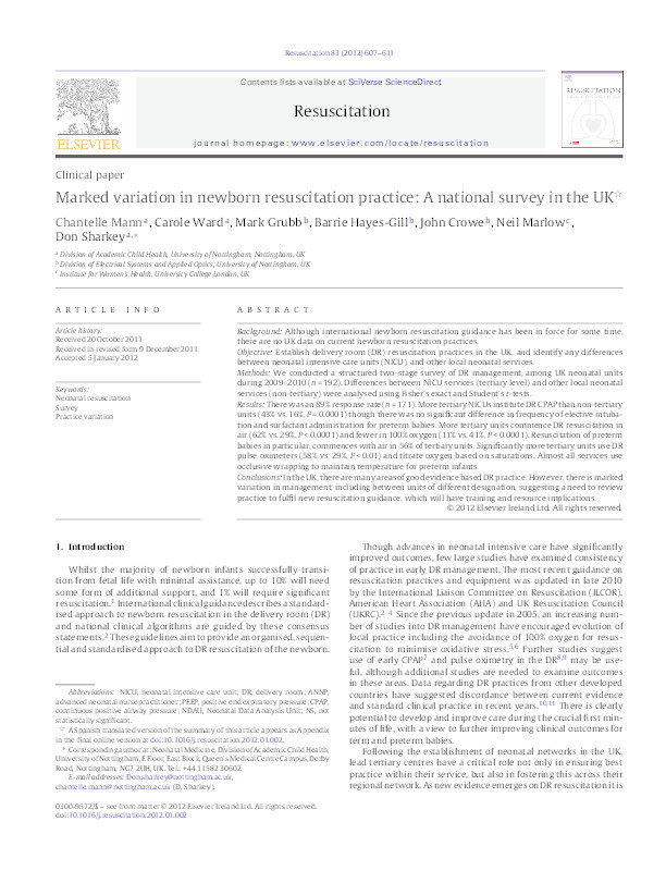 Marked variation in newborn resuscitation practice: a national survey in the UK Thumbnail