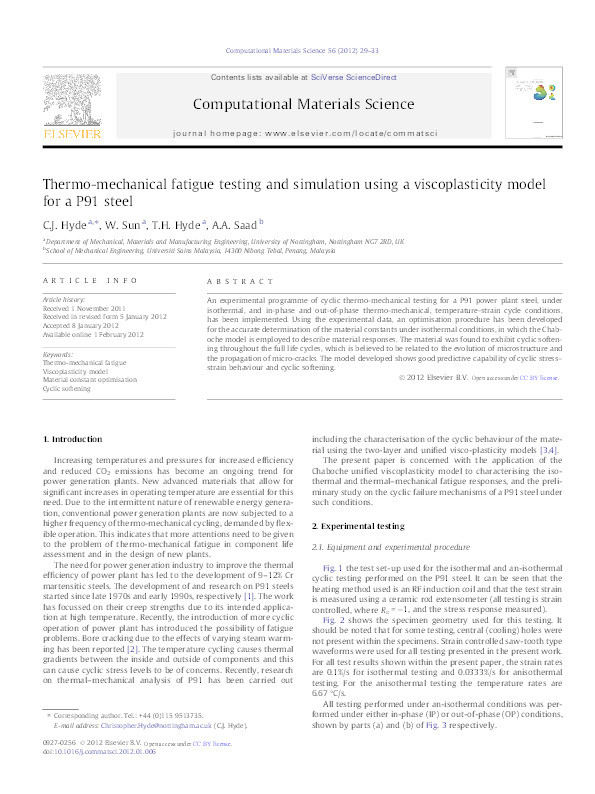 Thermo-mechanical fatigue testing and simulation using a viscoplasticity model for a P91 steel Thumbnail
