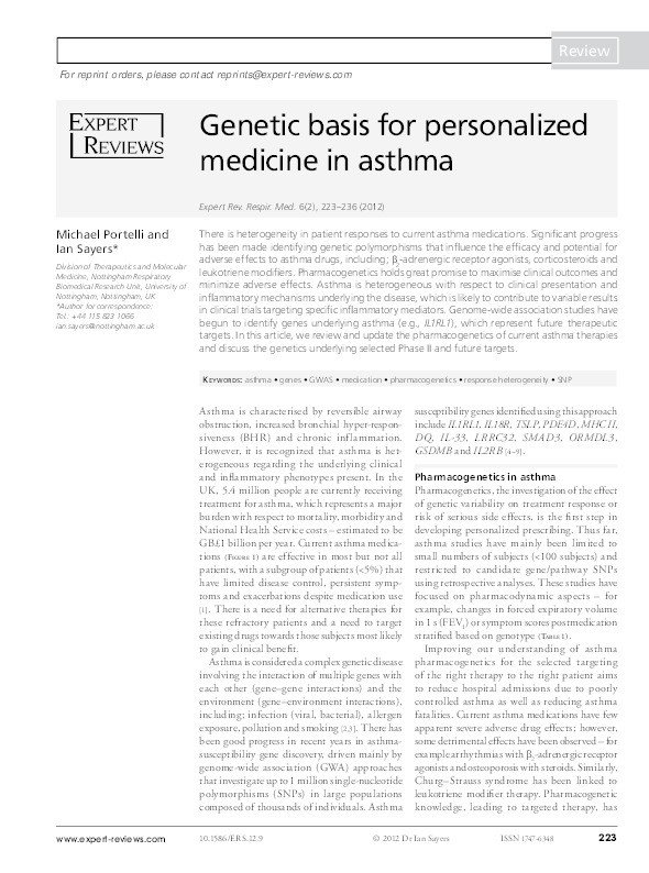 Genetic basis for personalized medicine in asthma Thumbnail