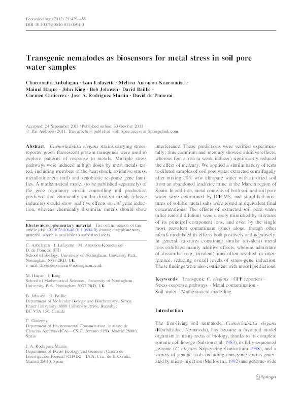 Transgenic nematodes as biosensors for metal stress in soil pore water samples Thumbnail