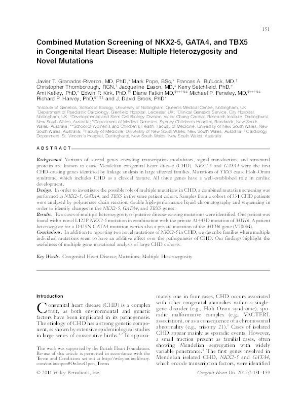 Combined mutation screening of NKX2-5, GATA4, and TBX5 in congenital heart disease: multiple heterozygosity and novel mutations Thumbnail