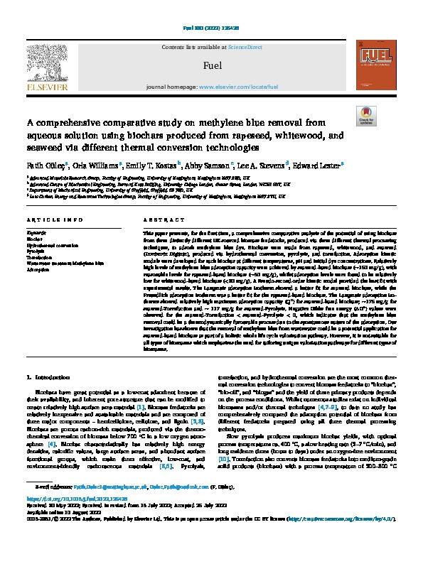 A comprehensive comparative study on methylene blue removal from aqueous solution using biochars produced from rapeseed, whitewood, and seaweed via different thermal conversion technologies Thumbnail