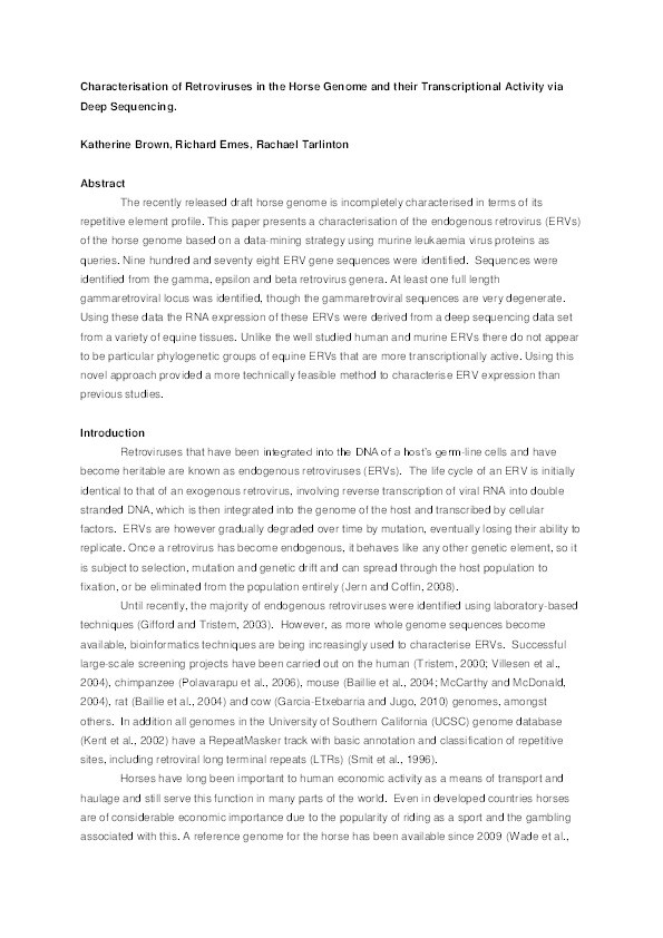 Characterisation of retroviruses in the horse genome and their transcriptional activity via transcriptome sequencing Thumbnail