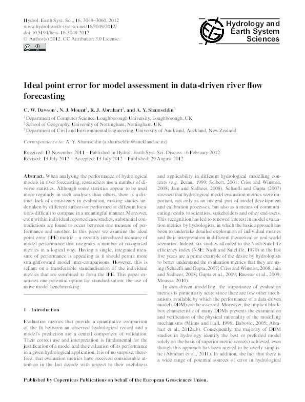 Ideal point error for model assessment in data-driven river flow forecasting Thumbnail