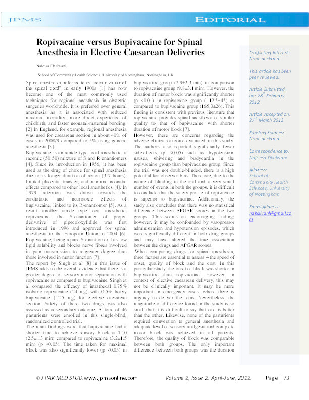 Ropivacaine versus bupivacaine for spinal anesthesia in elective caesarean deliveries Thumbnail