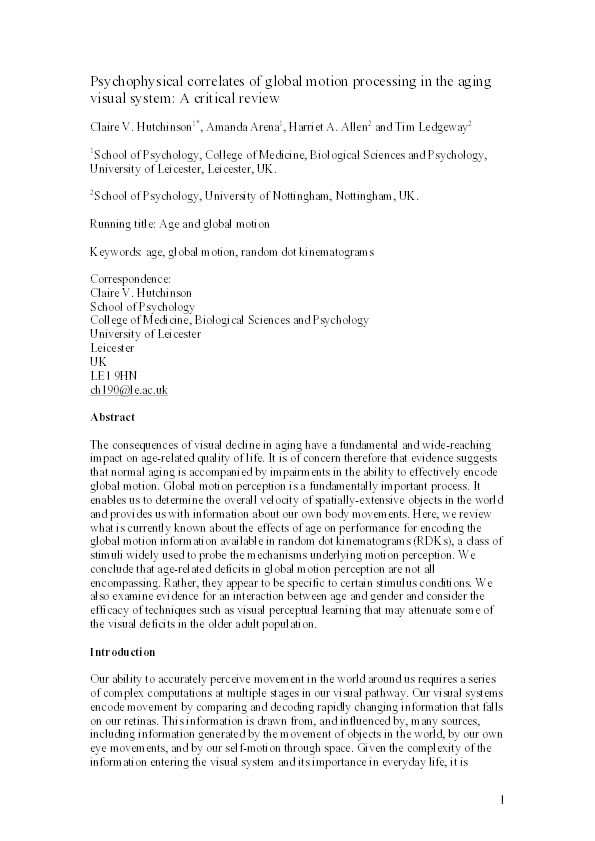 Psychophysical correlates of global motion processing in the aging visual system: a critical review Thumbnail