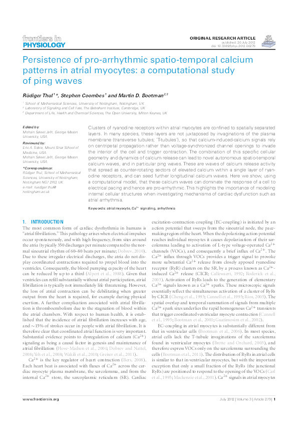 Persistence of pro-arrhythmic spatio-temporal calcium patterns in atrial myocytes: a computational study of ping waves Thumbnail