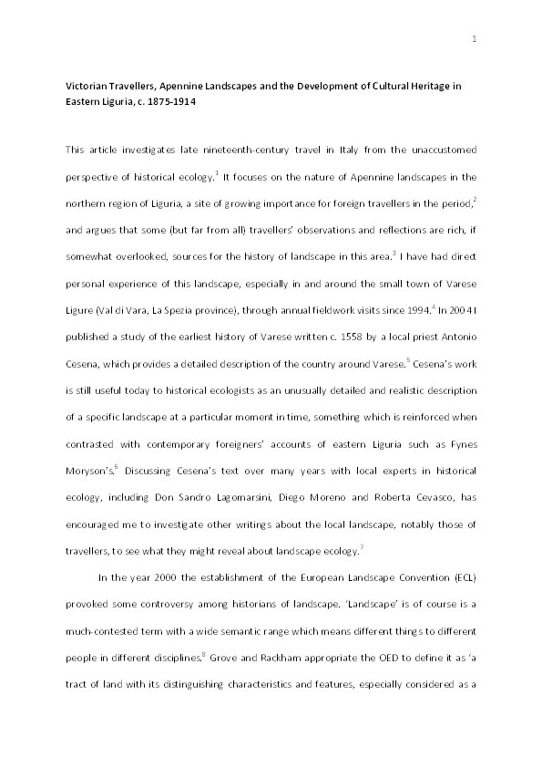 Victorian travellers, Apennine landscapes and the development of cultural heritage in eastern Liguria, c. 1875-1914 Thumbnail