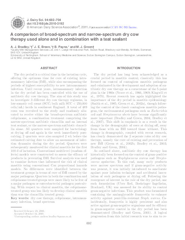 A comparison of broad-spectrum and narrow-spectrum dry cow therapy used alone and in combination with a teat sealant Thumbnail