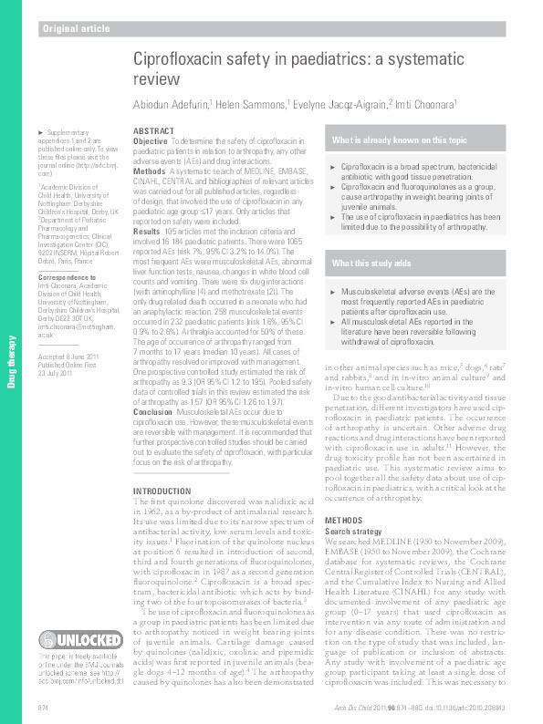 Ciprofloxacin safety in paediatrics: a systematic review Thumbnail