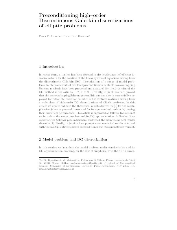 Preconditioning high-order discontinuous Galerkin discretizations of elliptic problems Thumbnail