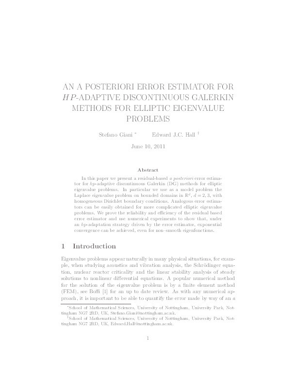 An a posteriori error estimator for hp-adaptive discontinuous Galerkin methods for elliptic eigenvalue problems Thumbnail