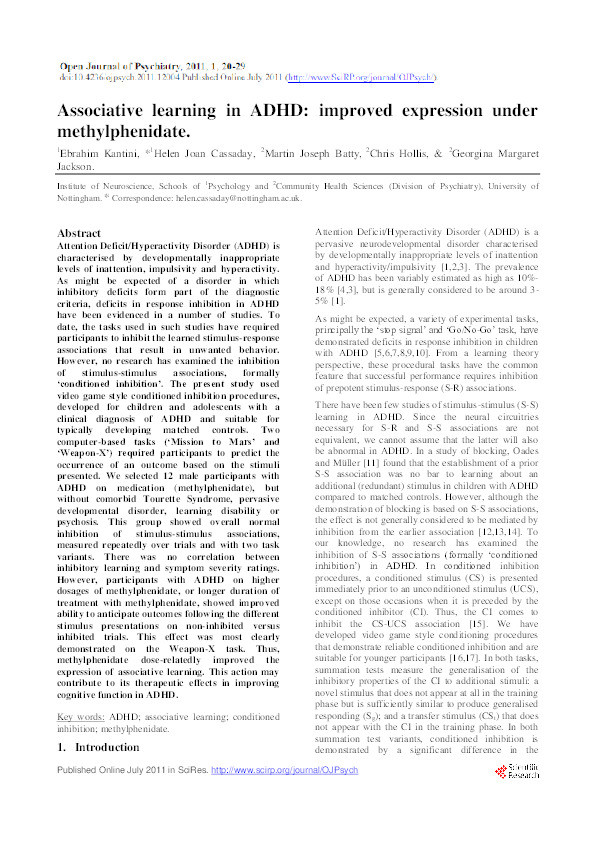 Associative learning in ADHD: improved expression under methylphenidate Thumbnail