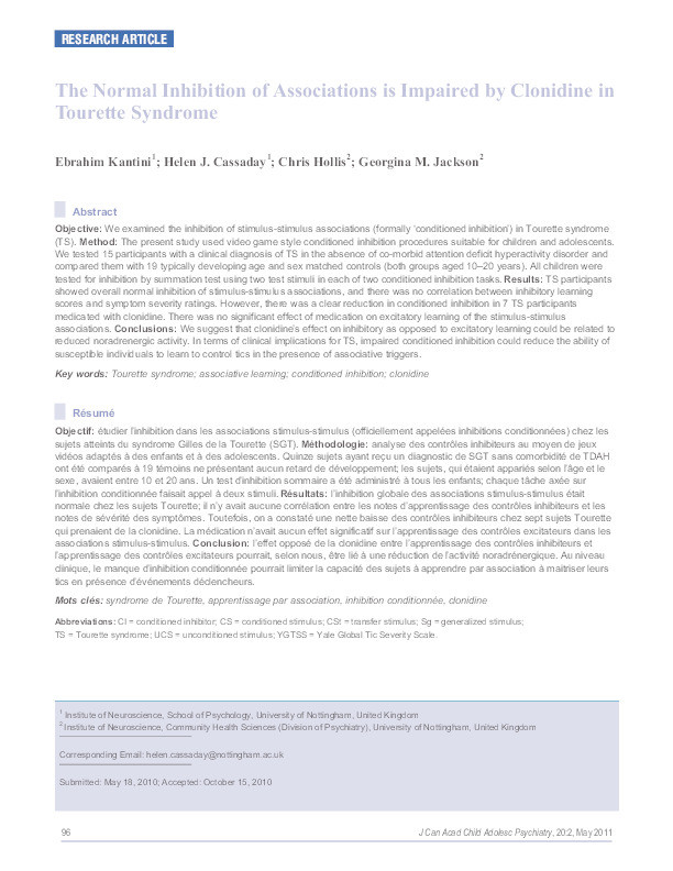 The normal inhibition of associations is impaired by clonidine in Tourette syndrome Thumbnail