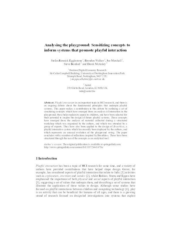 Analysing the playground: sensitizing concepts to inform systems that promote playful interaction Thumbnail