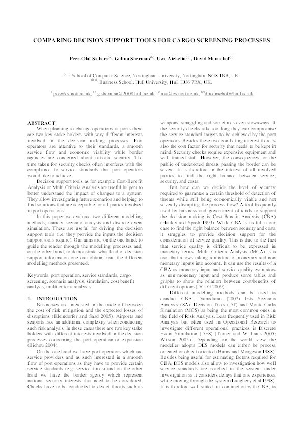 Comparing decision support tools for cargo screening processes Thumbnail